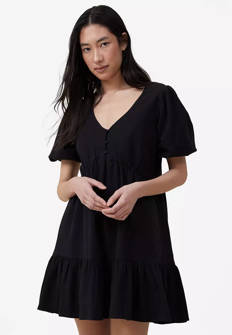 Billie Mini Dress - Twist Front Long Puff Sleeves Dress in Black