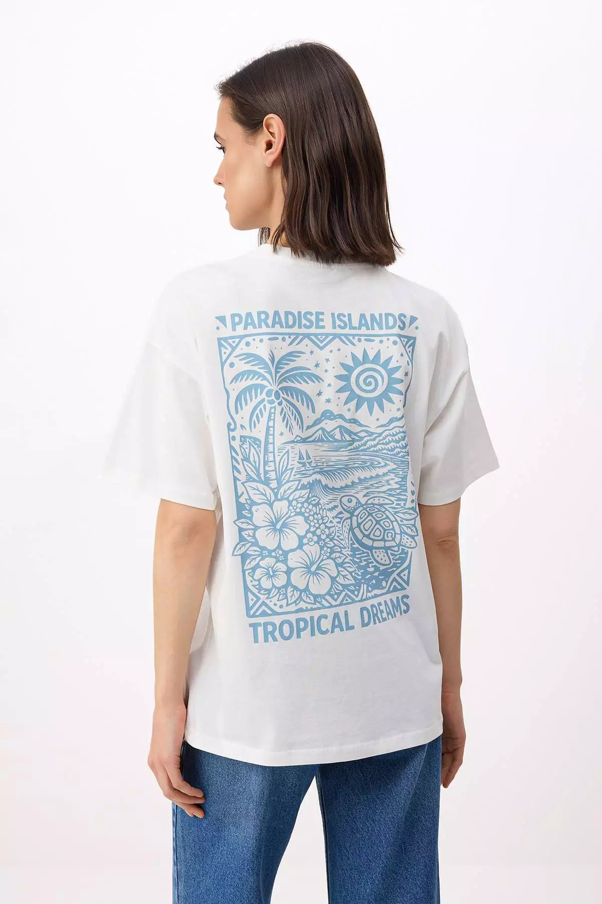 Ecru Printed Oversize/Wide Fit Low Sleeve Short Sleeve Tok 1% Cotton Knitted T-Shirt Twoss26Ts16