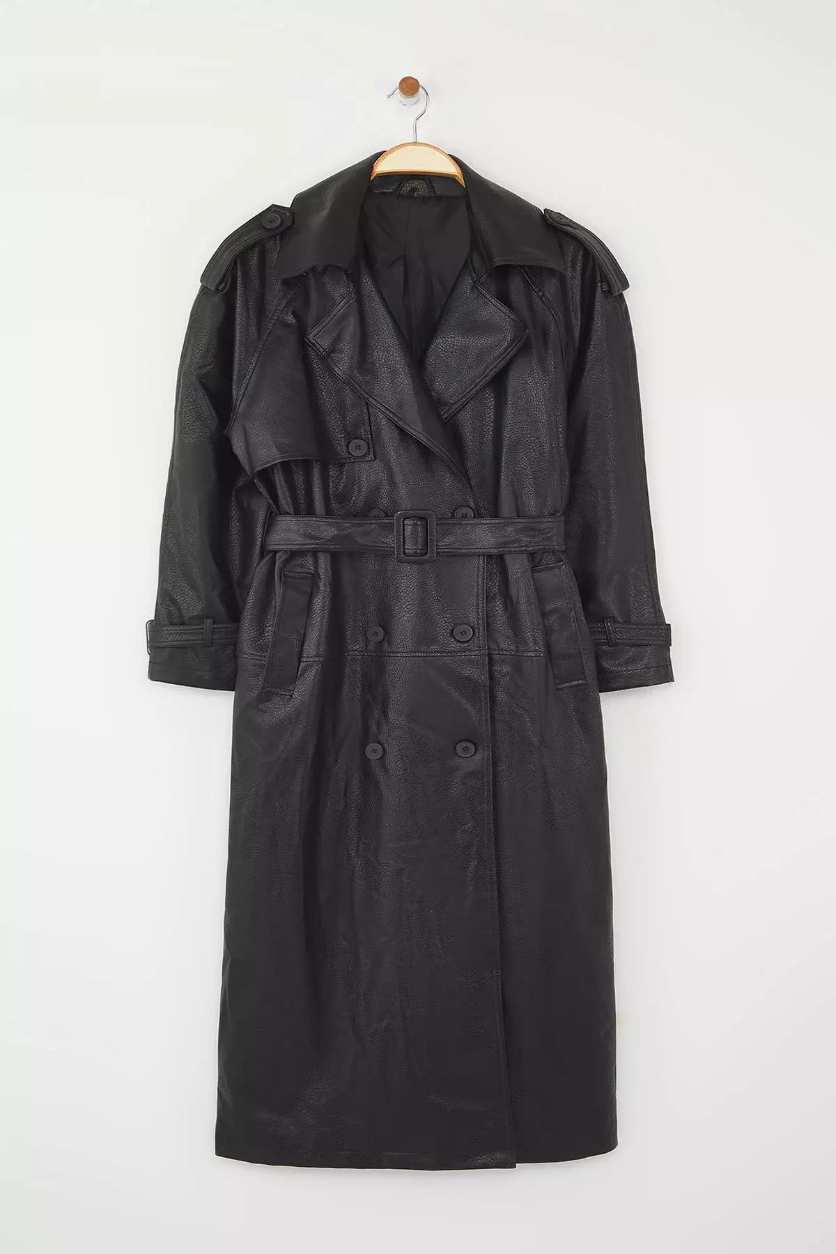 Regular Fit Midi Length Faux Leather Plus Size Trench Coat