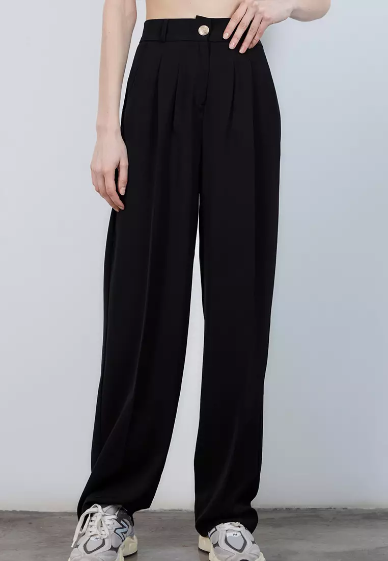Black High Waist Wide Leg Woven Trousers Twoaw26Pl161
