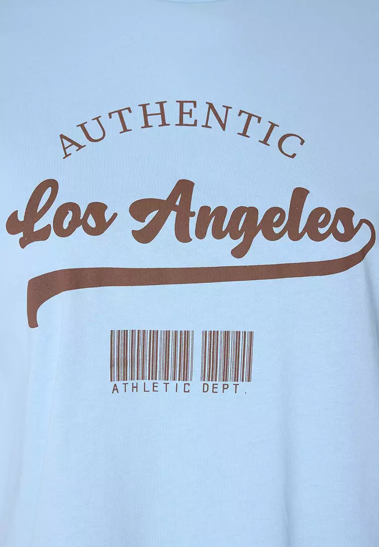 Blue Wide Fit Crew Neck Printed 100% Cotton Knitted T-Shirt Tbbss23Ah00131