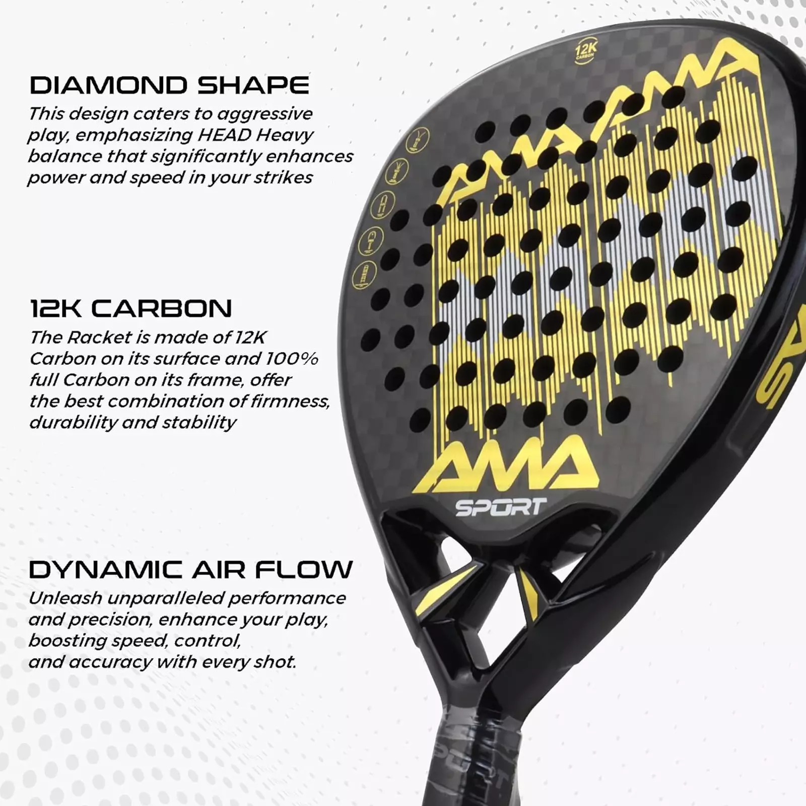 Raket Padel AMASPORT Ama Sport 12K 360-370G Black Gold