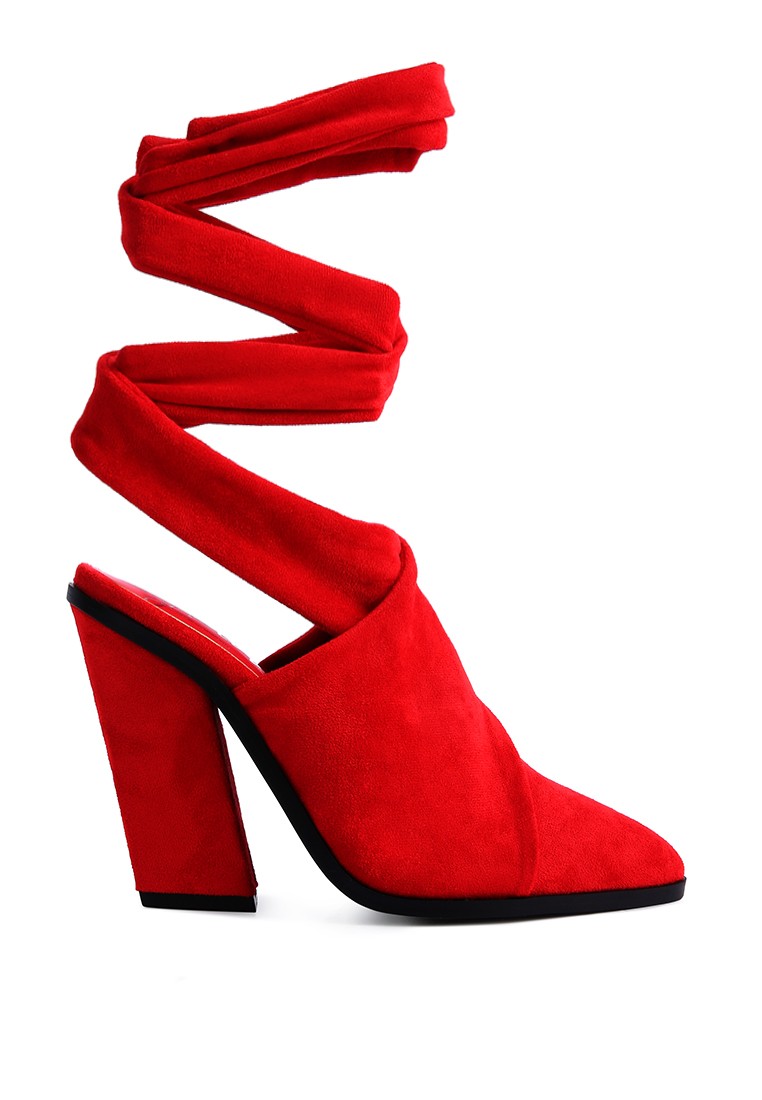 Red Lace Up High Block Heeled Mules
