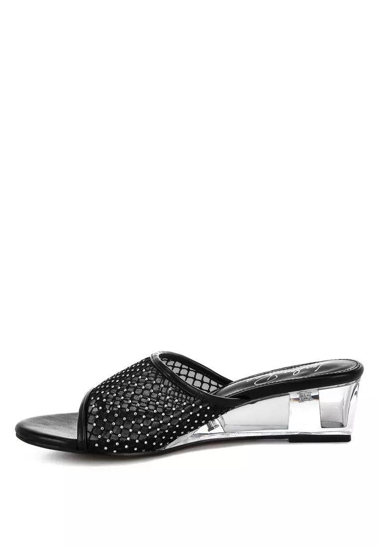 Mesh Clear Heel Wedge Sandals In Black