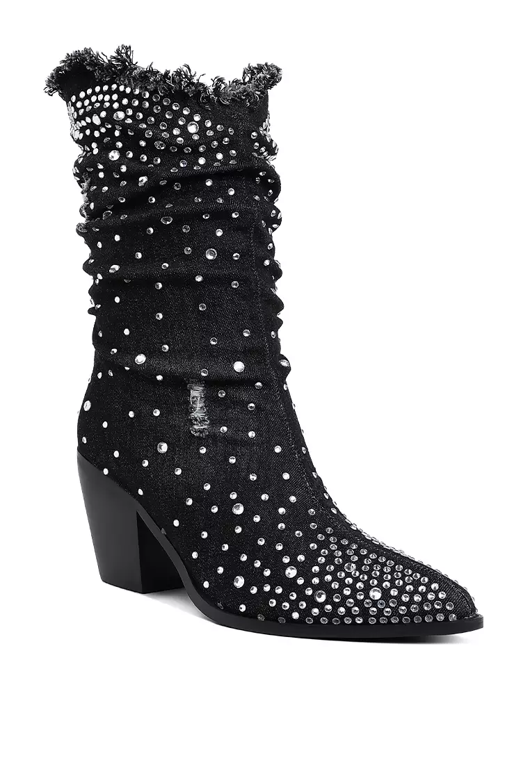 Diamante & Rhinestones Denim Boots in Black