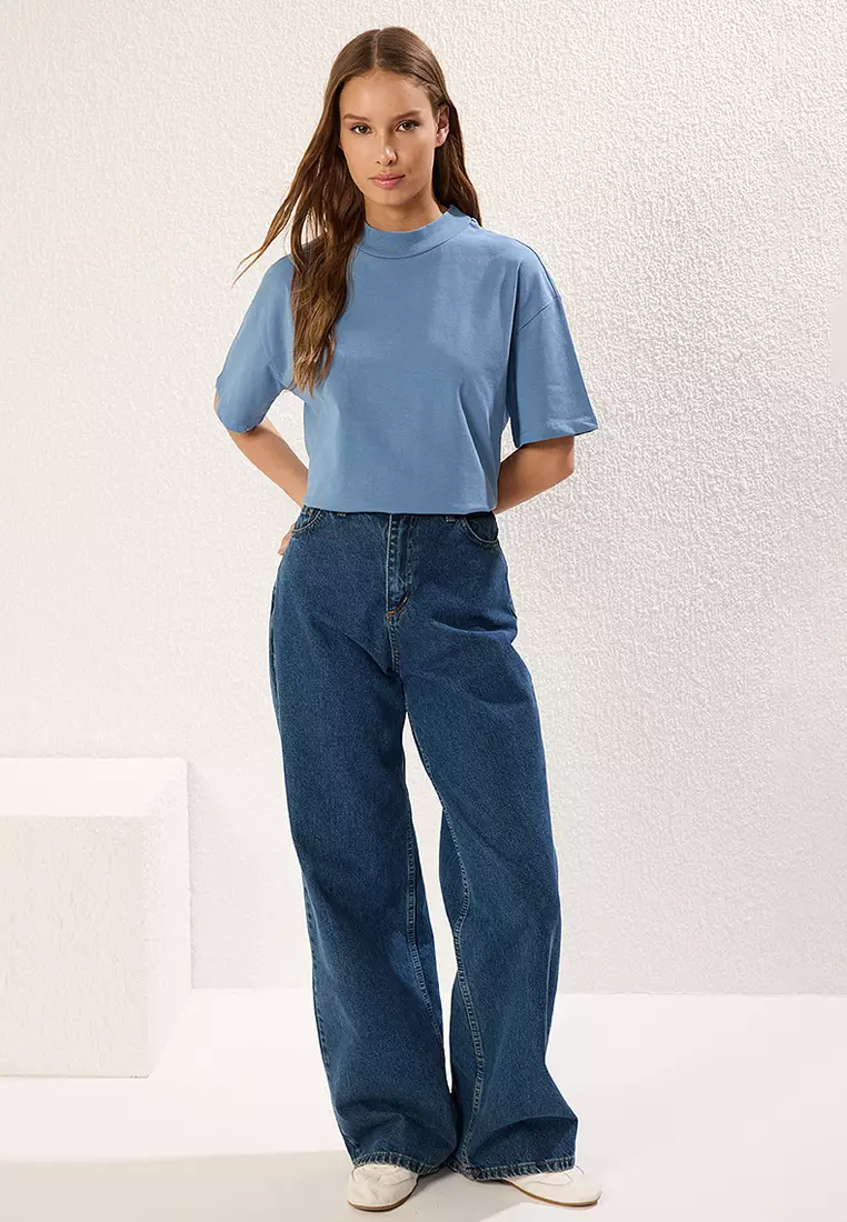 Indigo Stand Collar Three Quarter Sleeve Knitted T-Shirt