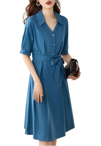 OUNIXUE blue Temperament Ol Solid Color Waist Dress (With Belt) F0339AA11010F6GS_1