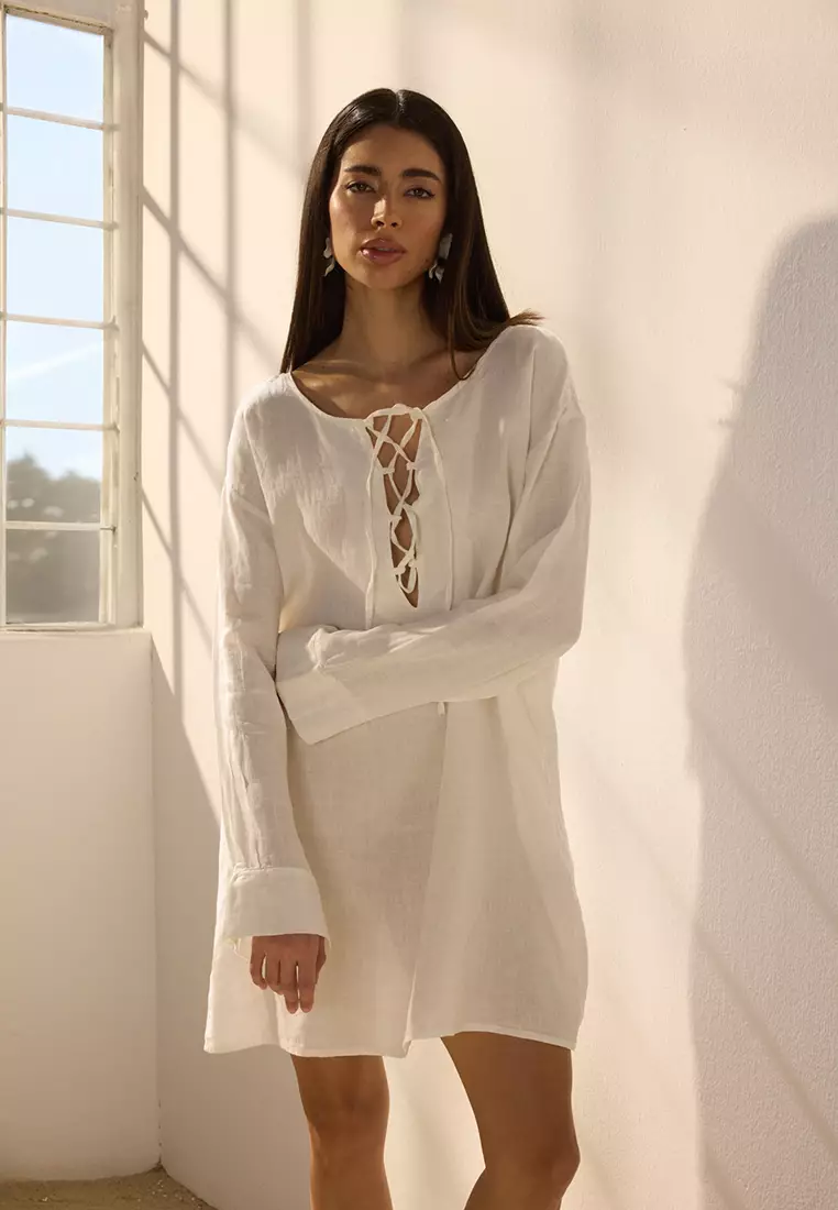 Buy Trendyol White Mini Woven 100% Linen Tied Beach Dress TBESS25EL00104  Online | ZALORA Malaysia