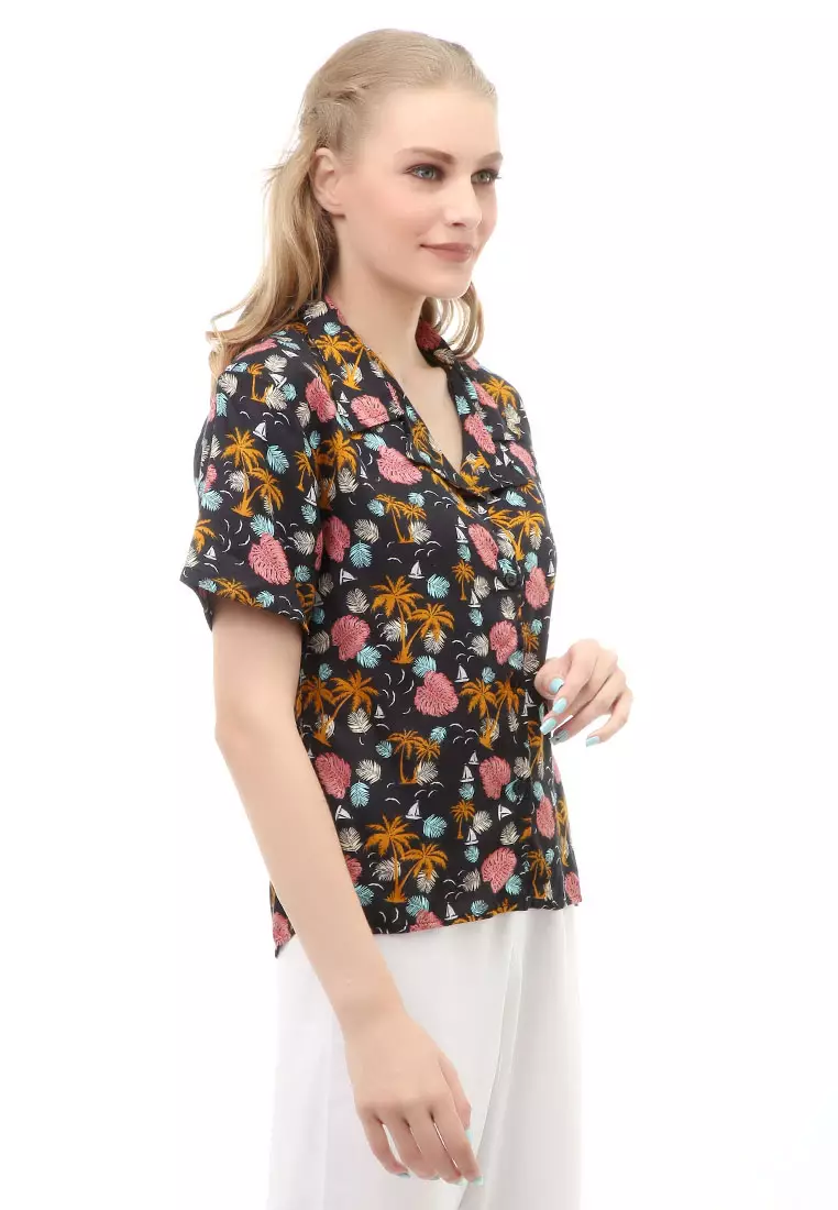Holly Atasan Kasual Kemeja Wanita Hawai Jasmine Lengan Pendek Material Rayon ORIGINAL - Black