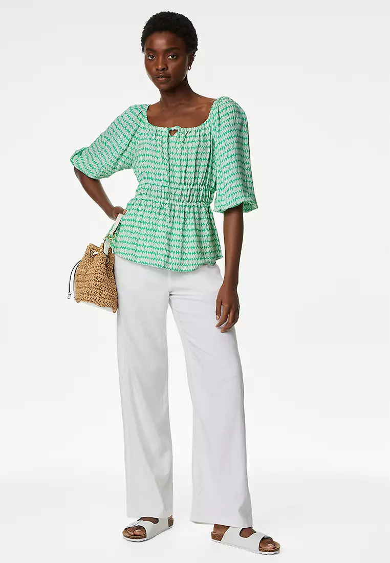 Printed Blouson Sleeve Peplum Top