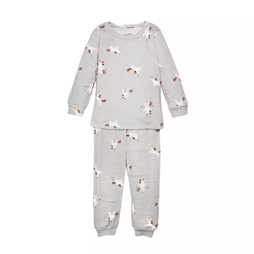 BAJU TIDUR PIYAMA ANAK SETELAN ANAK PEREMPUAN LENGAN PANJANG -  Grey Small Unicorn