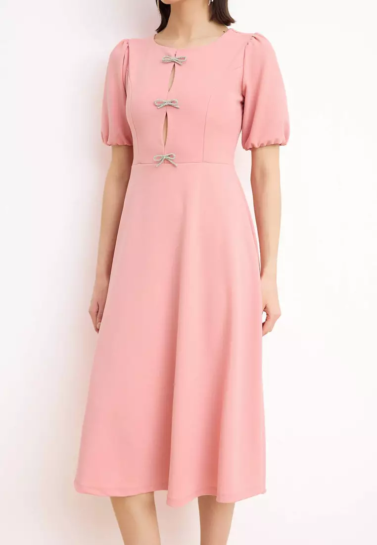 Light Pink Plain Skirt With Bow At The Waist, Knitted Finike Midi, Unlined, Stylish/Evening Dress