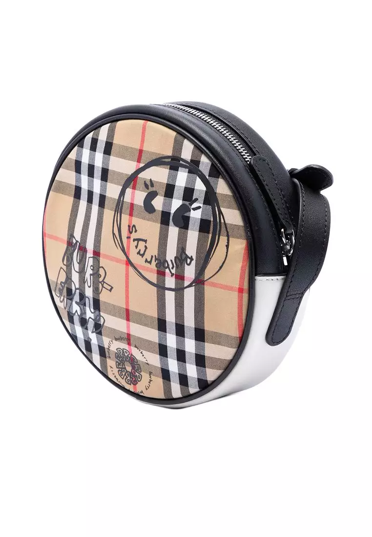 Pre-Loved Burberry House Check Canvas And Calfskin Cartoon Print Round Crossbody