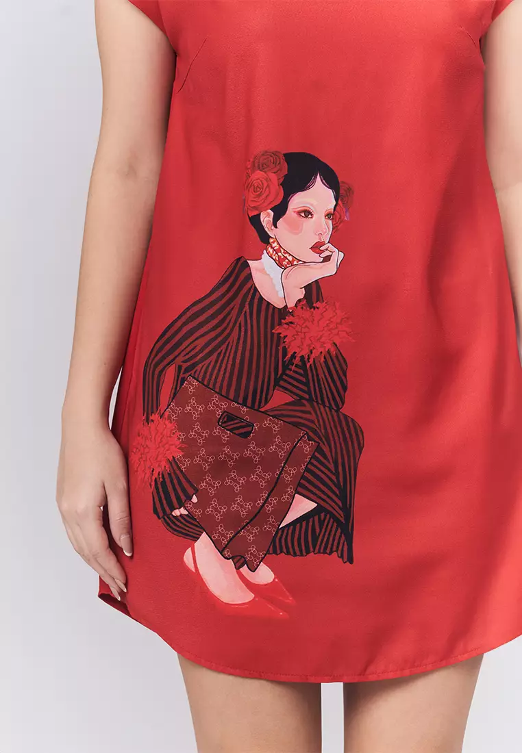 Pretty Asian Print Dresses Carven Dress Asian Print Tie Wrap Scoop