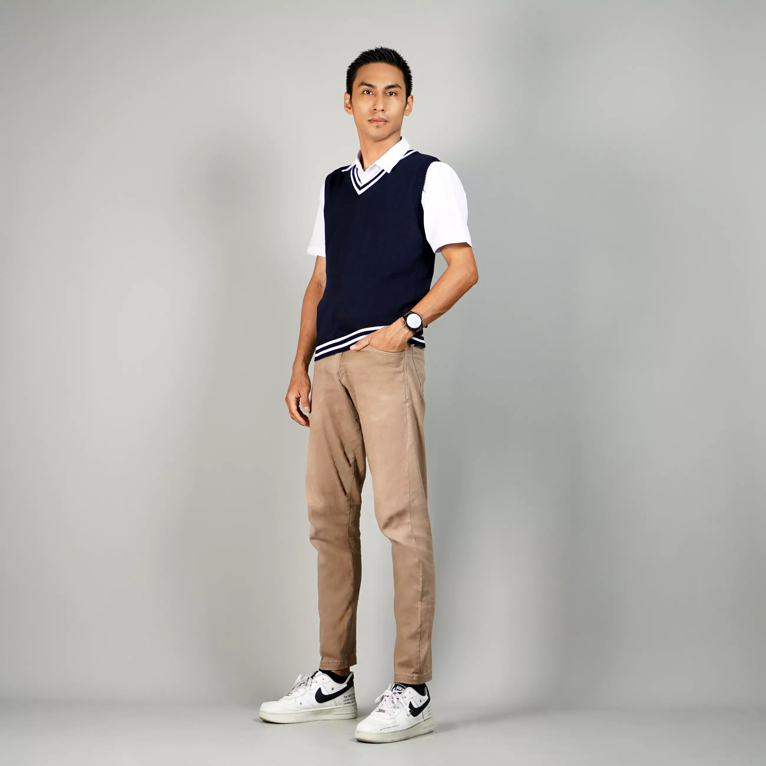 VICKO Rompi Navy Pria Rompi SMP Rompi List Putih Knit Vest Outer Pria - NAVY