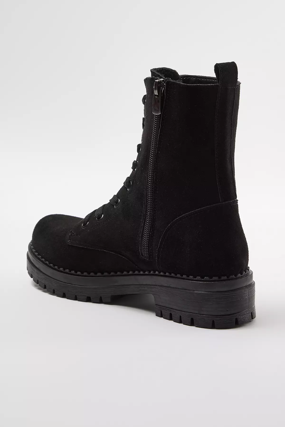 Black Suede Lace-Up And Zip-Up Short Flat Women's Boots Takaw25Bo00026