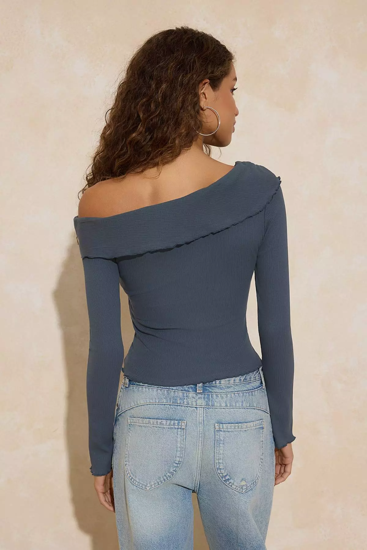 Anthracite Fitted/Fitted Asymmetrical Neckline Accessory Detail Corded Fabric Stretchy Knitted Blouse Twoss26Bz72
