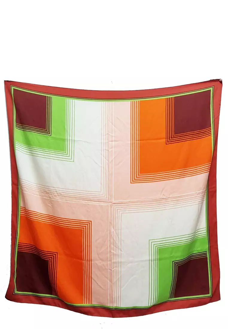 Hijab Scarf Tamara Hijab Segi Empat Kerudung Silky Satin Square Scarf Orange & Multi
