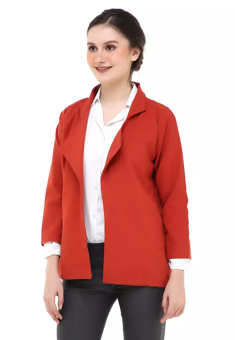 Qemsya Jas Blazer Wanita Long Outer Casual Suit Material Baby Canvas ORIGINAL - Coral