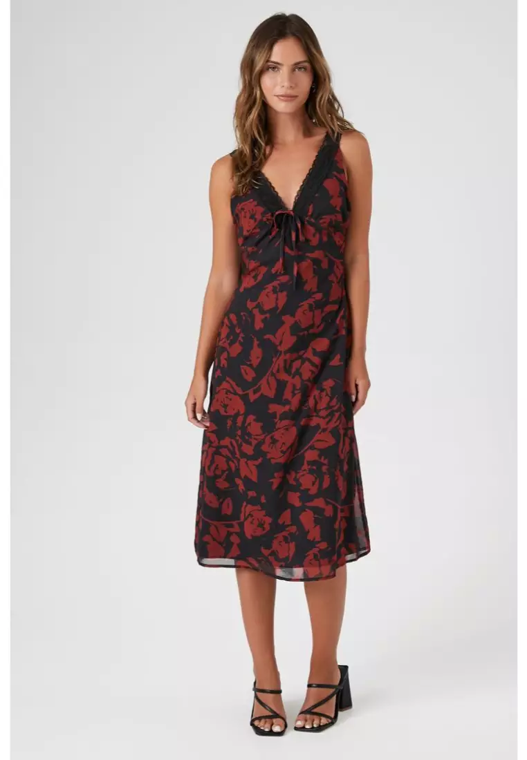 Buy FOREVER 21 Floral Print Lace Trim Midi Dress 2024 Online
