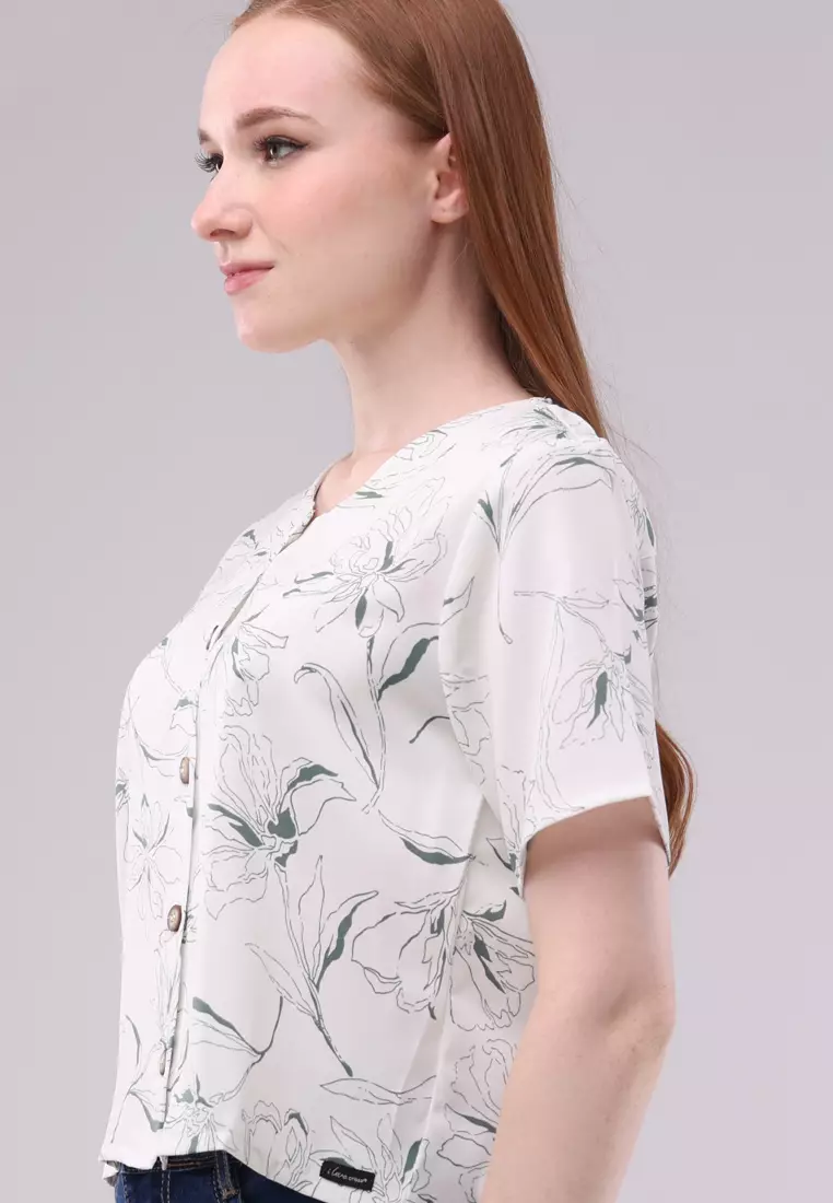 Printed Cotton Slub Woven Short Sleeves Blouse
