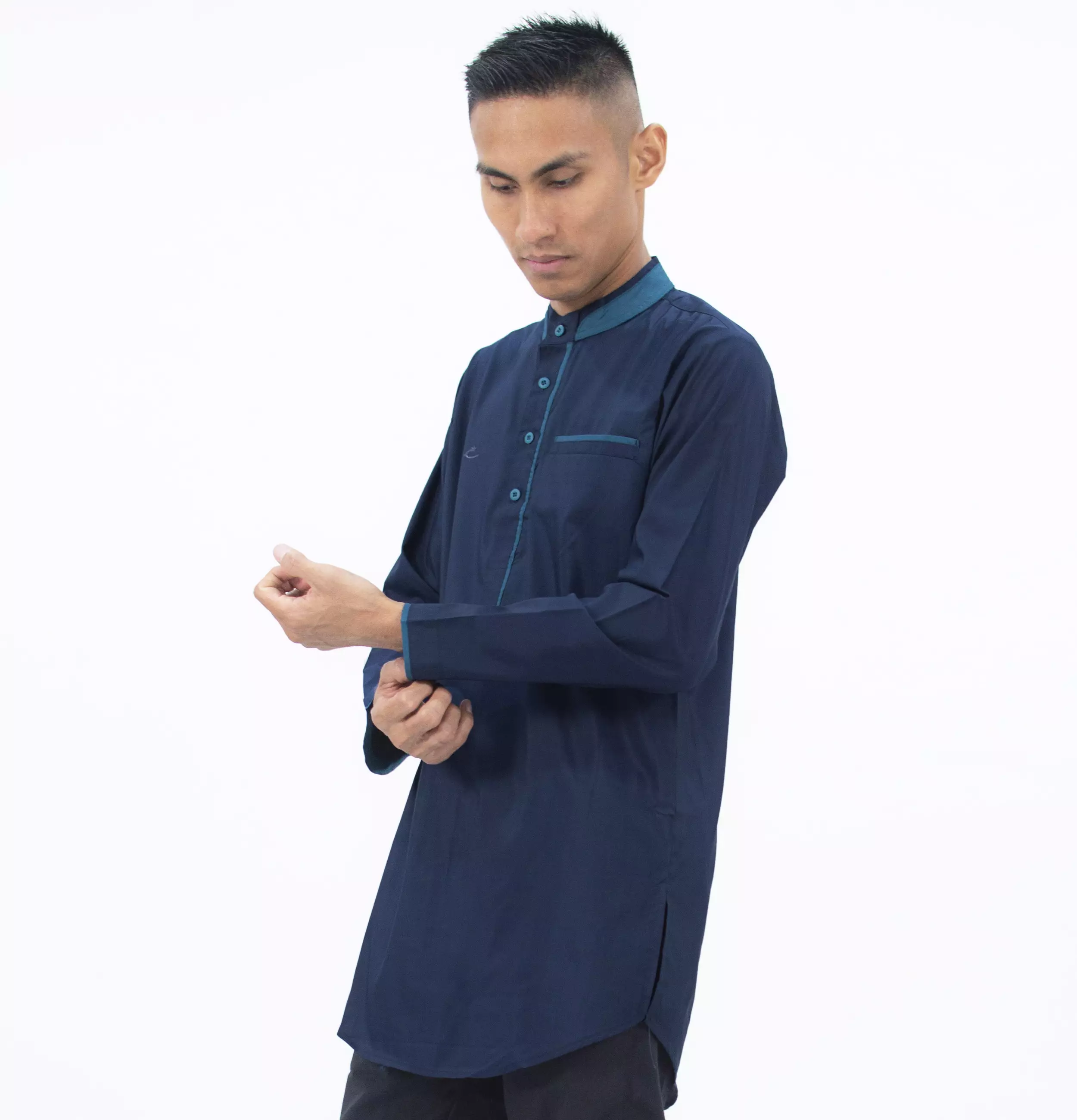 DHABI Kemeja Kurta Lengan Panjang Baju Kurta Lengan Panjang Outfit Idul Fitri - NAVY