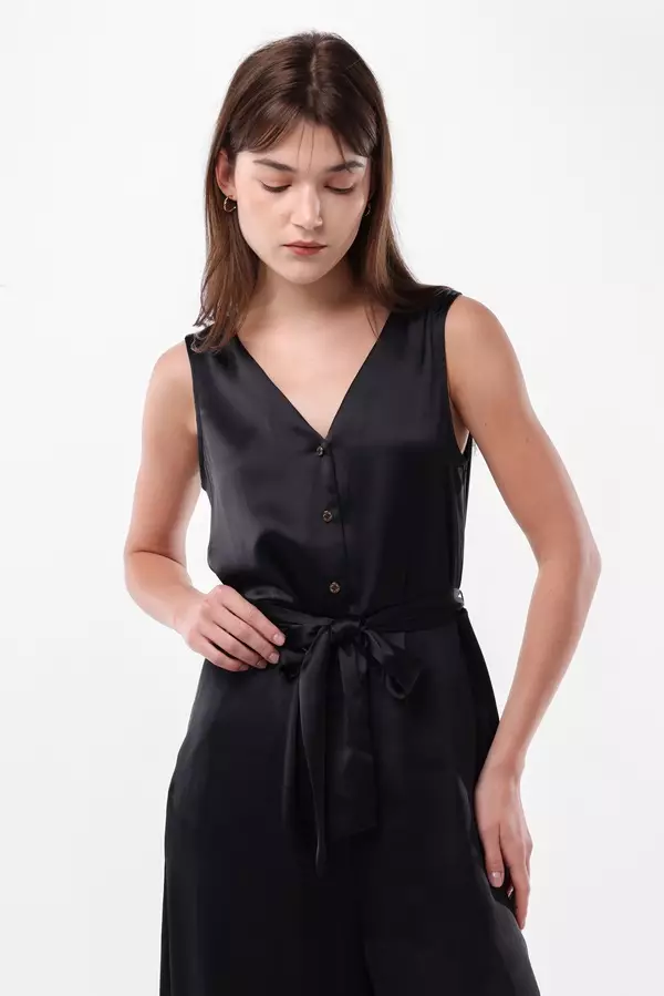 Minimal x Emily in Paris - Jewel Sleeveless Satin Jumpsuit - Black