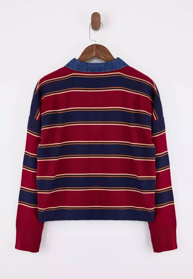 Multi-Colored Striped Denim Paneled Polo Collar Knitwear Sweater Twoaw26Kz283