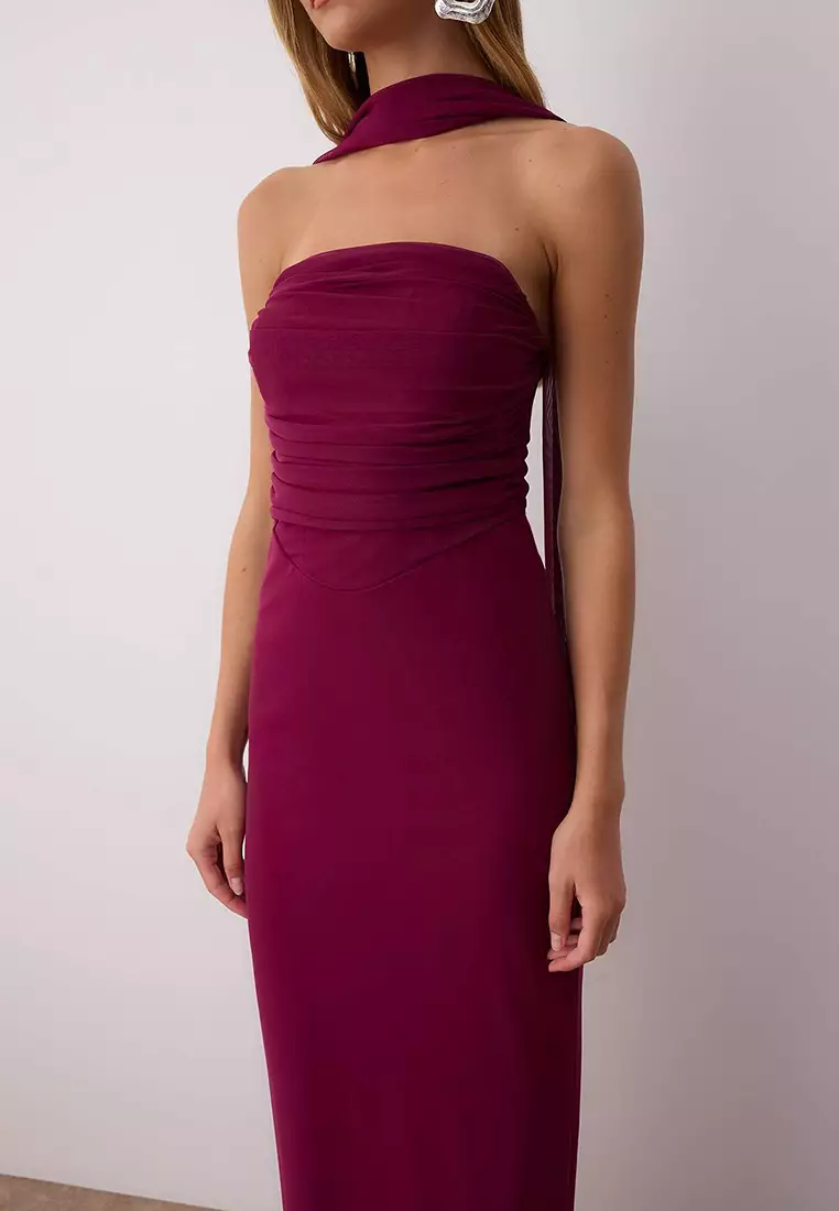 Plum Shawl Detail Tulle Knitted Maxi Evening Dress