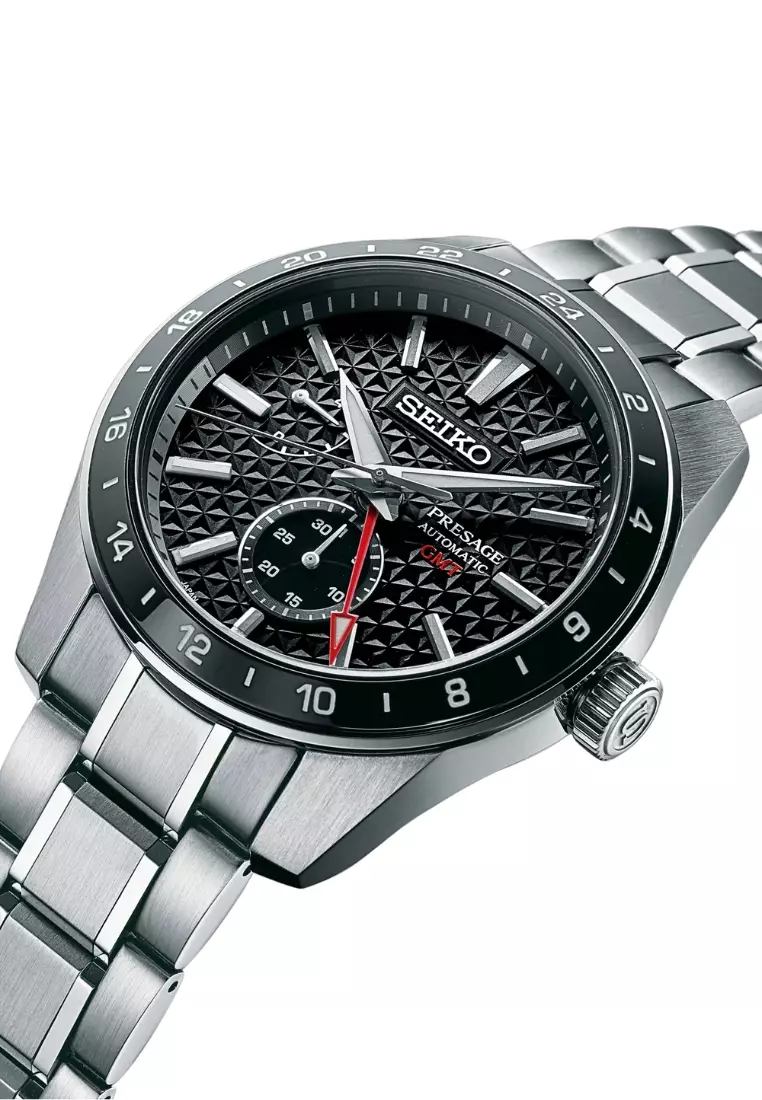 Seiko Presage Sharp Edged Series GMT Black Dial Power Reserve Indicator Automatic Watch SPB221J1