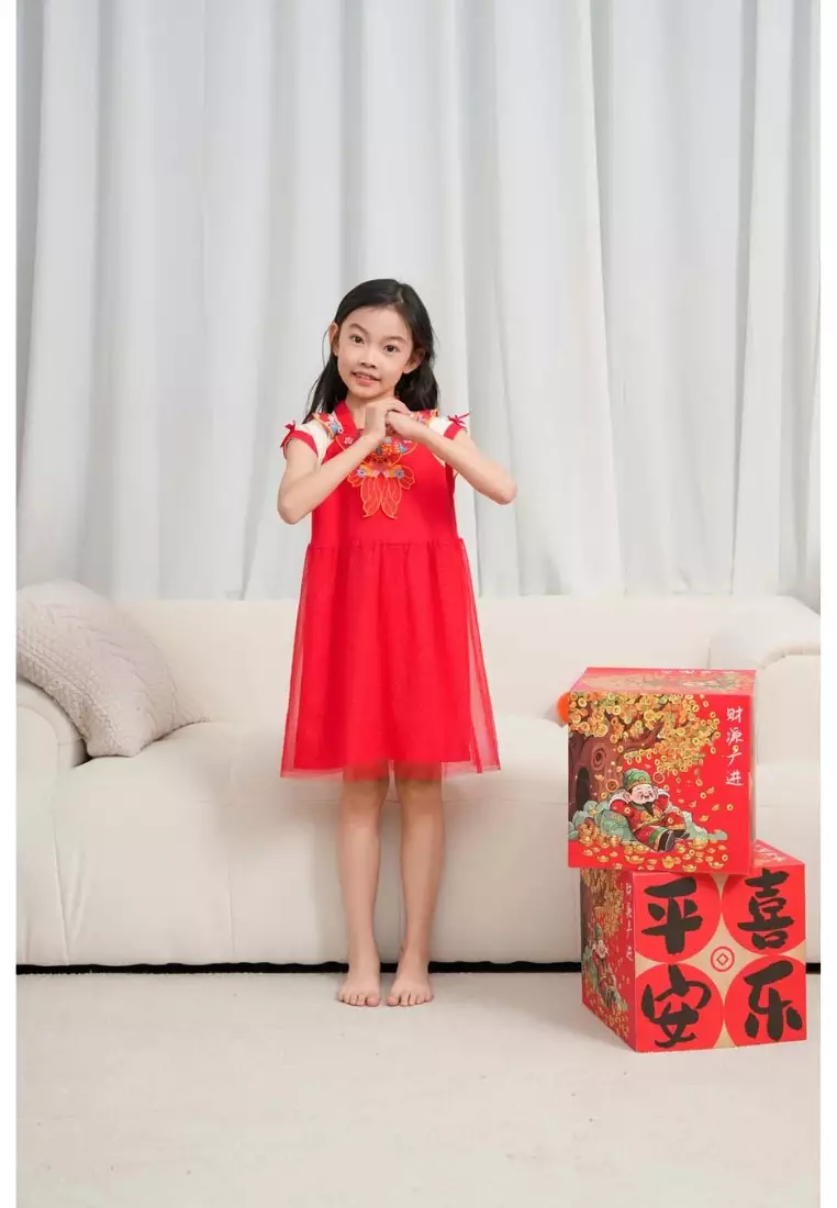 財富和諧紅色家族套裝金魚刺繡嬰幼兒女唐裝漢服裙拜年服0833