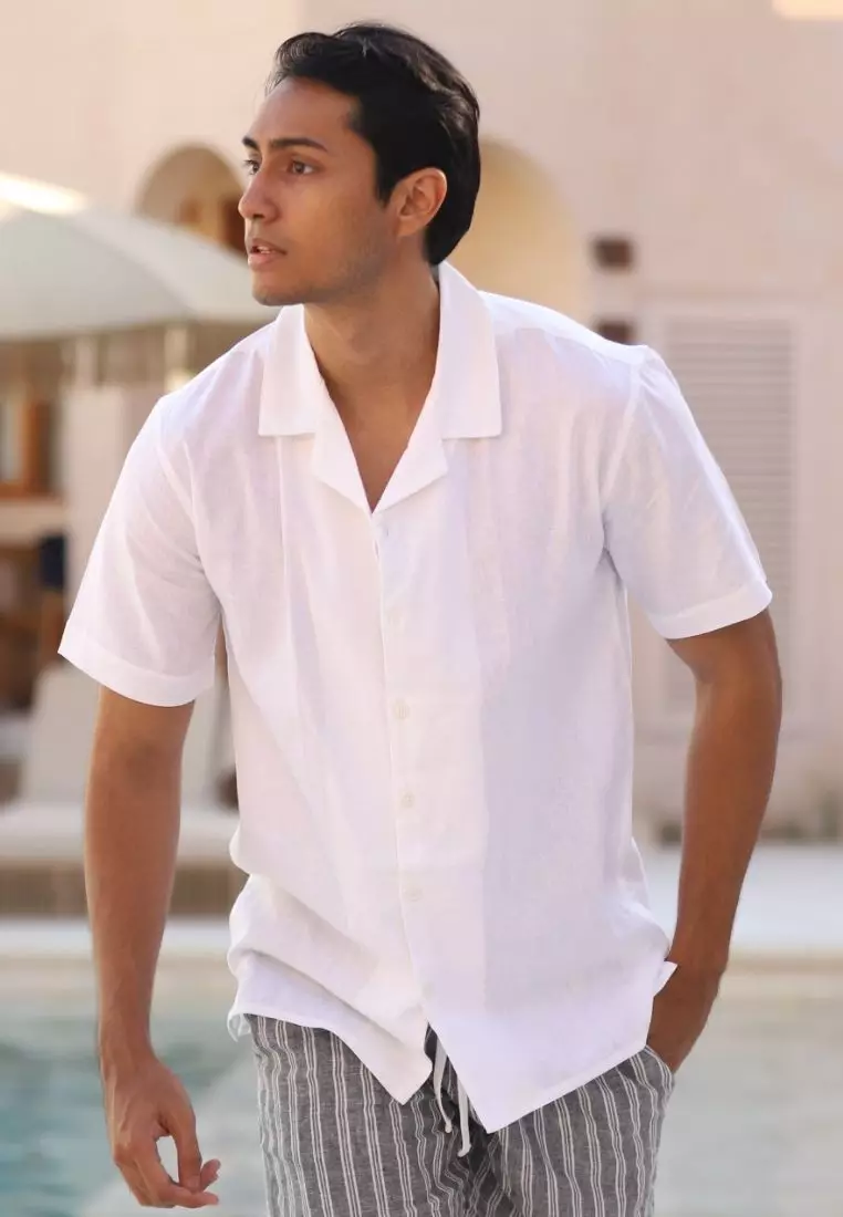 Uluwatu Kemeja Linen Lengan Pendek Pria Putih | Linen Short Sleeve Shirt Men White