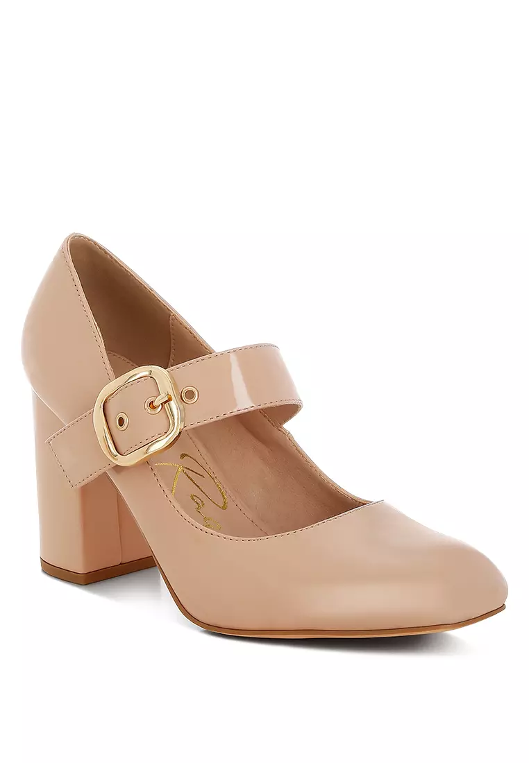 Block Heel Mary Jane Sandals in Beige