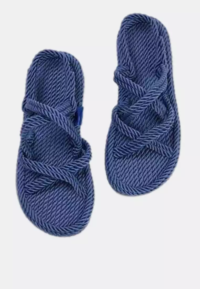 Blue Cross Strap Rope Drawstring Women's Straw Sandals Takss25Sd00056