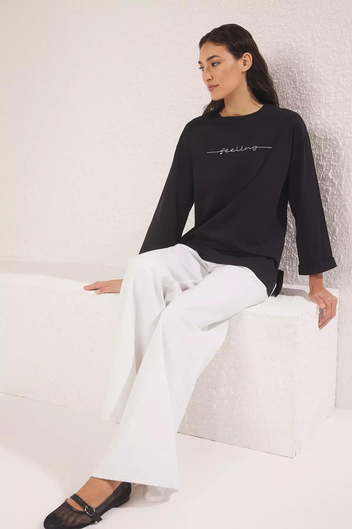 Black Jersey Print Text Detailed Knitted T-shirt TCTSS25RT00002