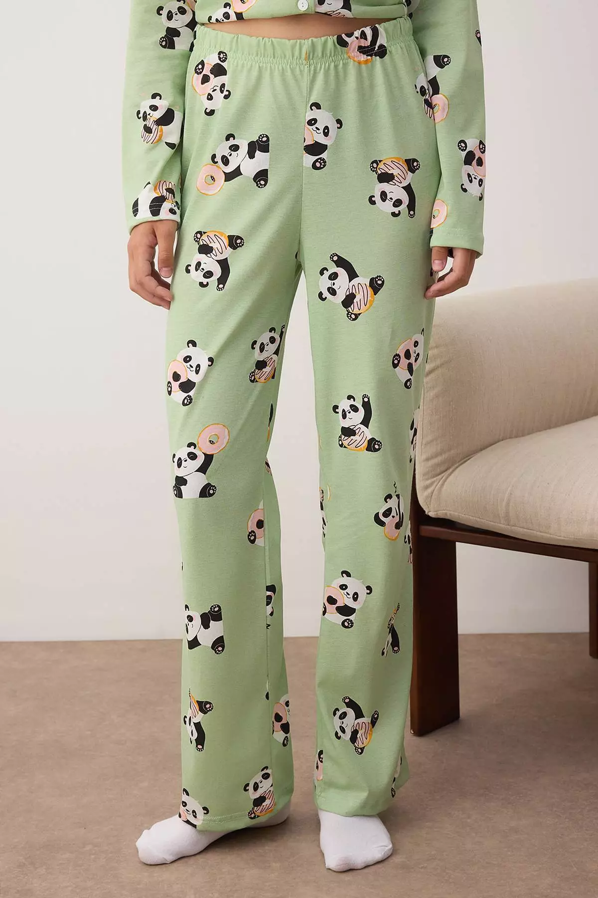 Green-Multicolored Panda Patterned Knitted Pajama Set Thmaw26Pt00049