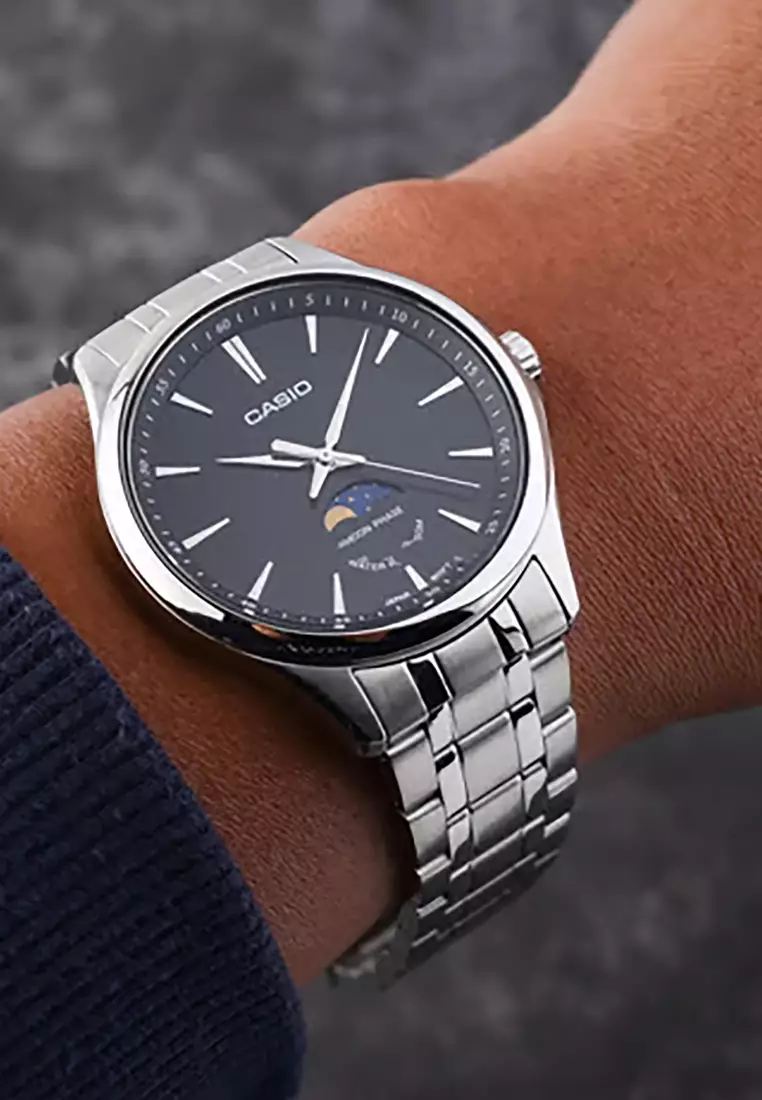 Moon Phase Men's Analog Watch MTP-M100D-1A Silver Stainless Steel Strap