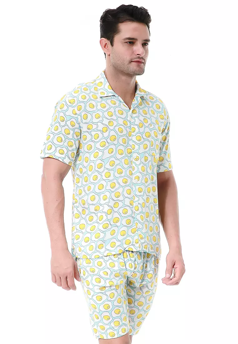 Deon Piyama Pria Kemeja One Set Lengan Pendek Motif Egg Material Rayon ORIGINAL - Blue