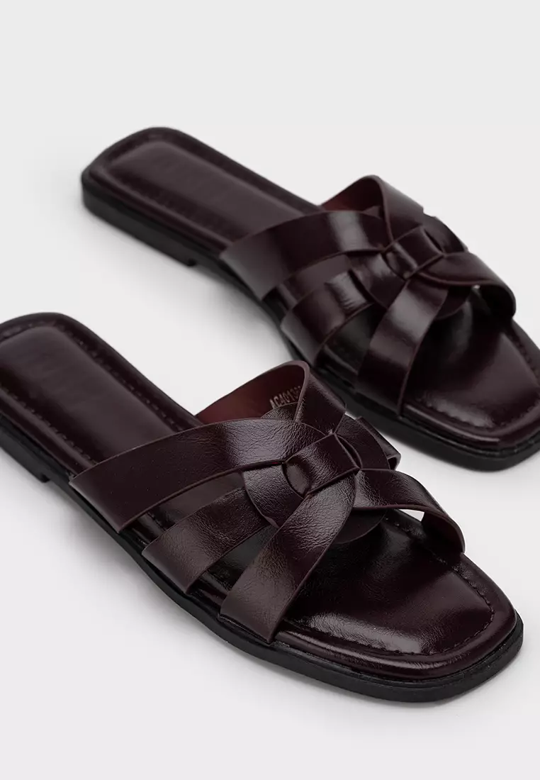 编织带方头平底拖鞋