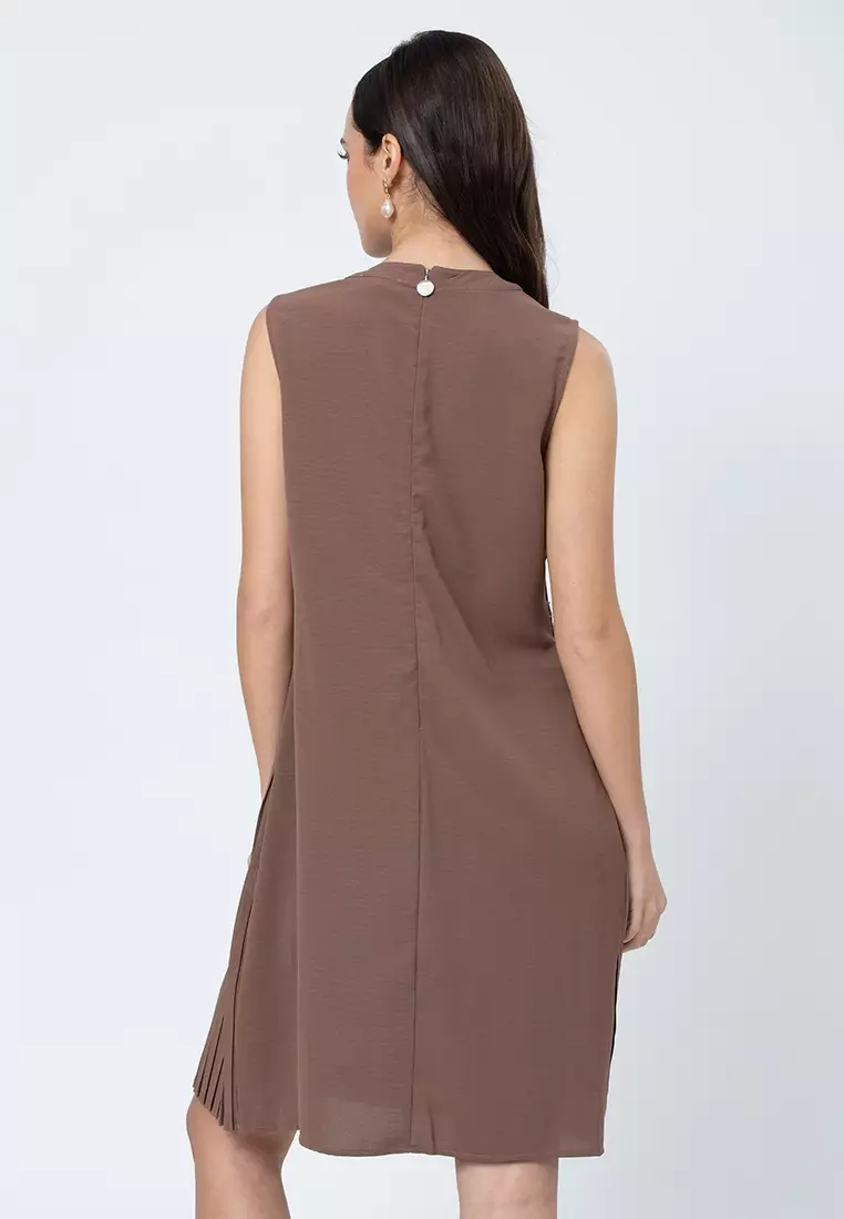 Isolde Pleated Sleeveless Shift Dress with Embroidery Waist Detail