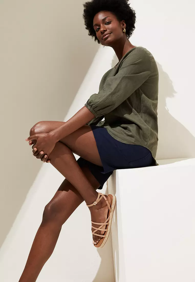 Pure Linen Collarless 3/4 Sleeve Blouse