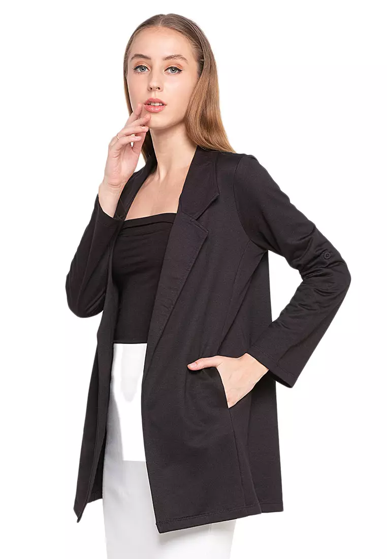 Cleve Blazer Plain Long Sleeves Atasan Wanita Design Kasual Open Front Style - Black