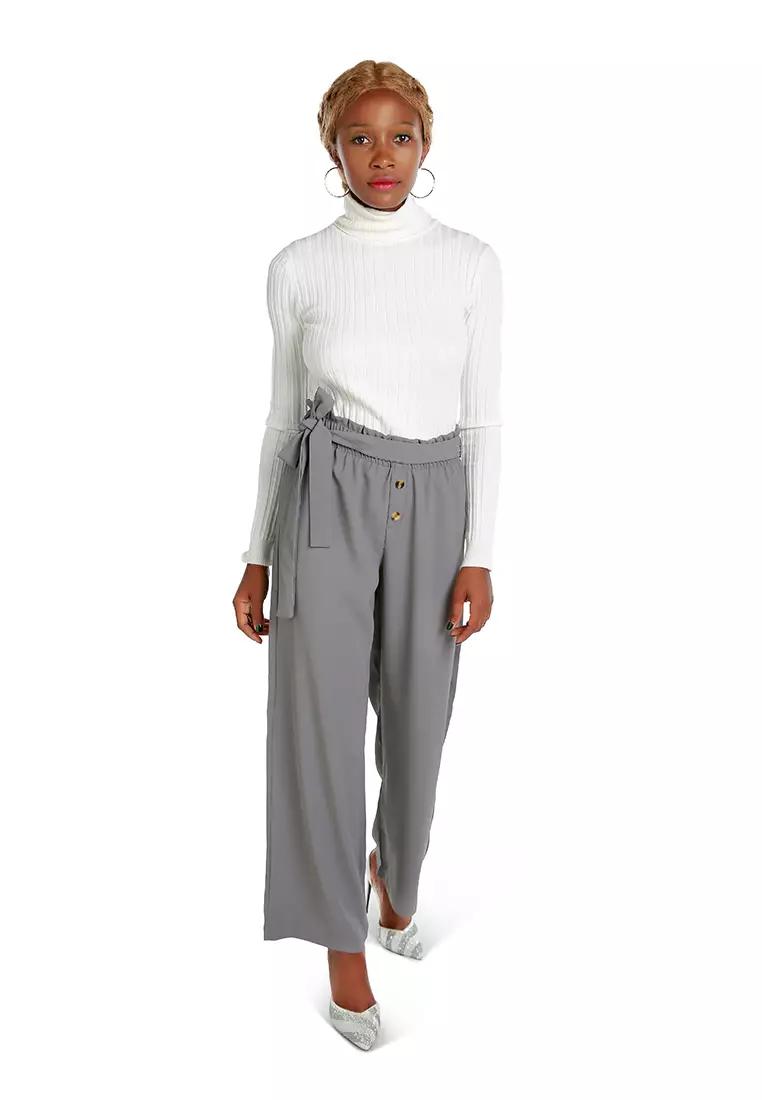 Grey Multi Button High Waisted Pants