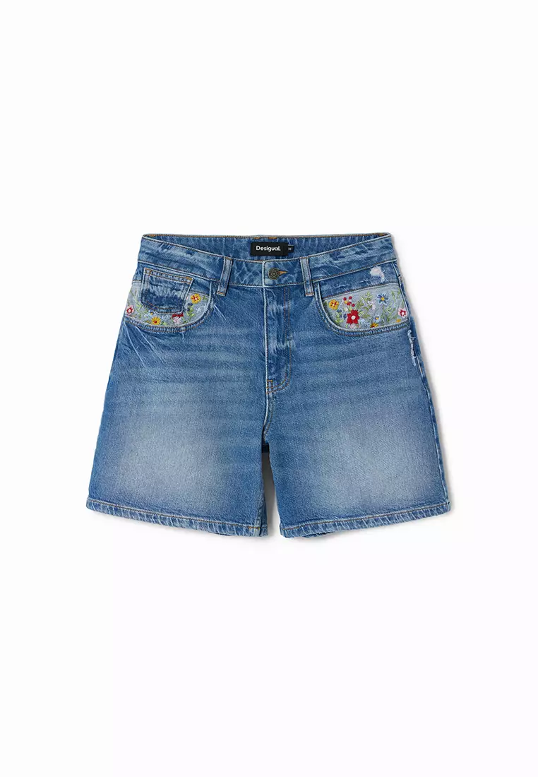 Desigual Woman Embroidered denim shorts.