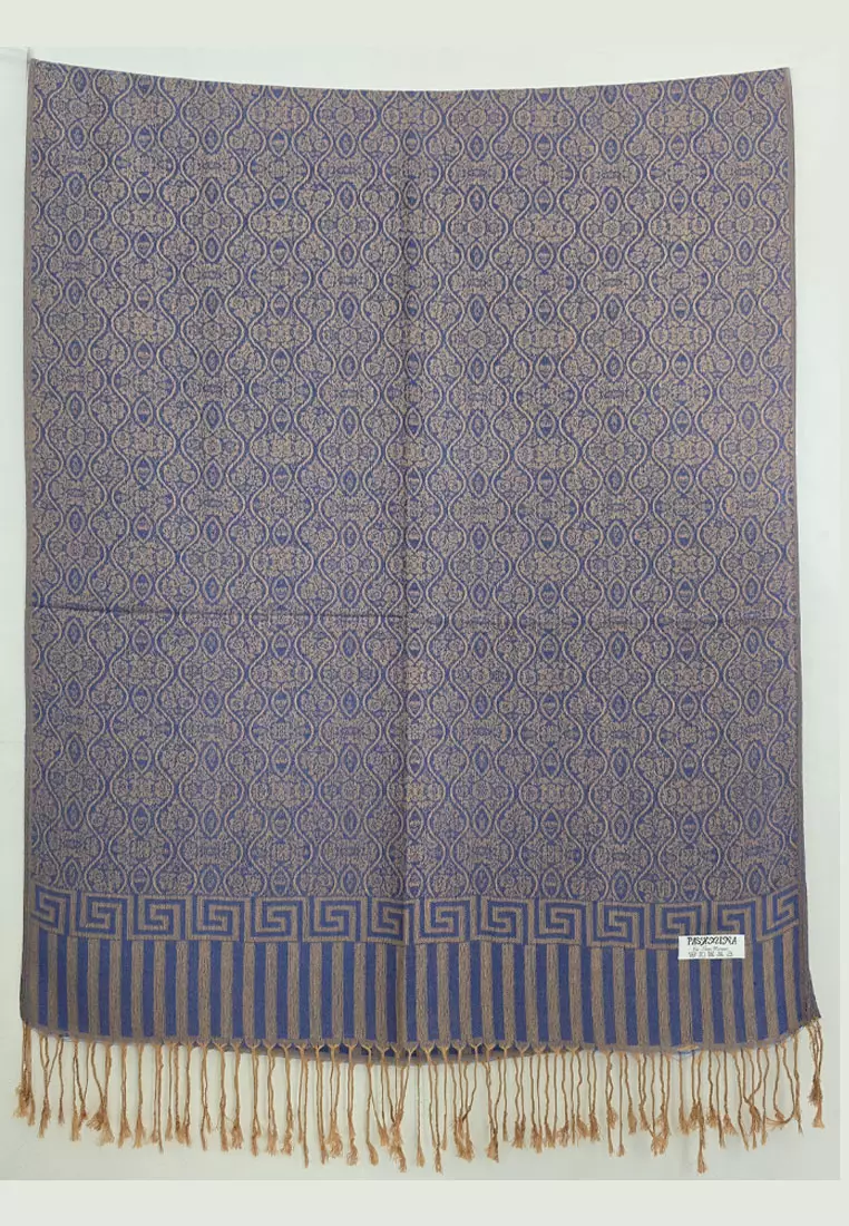 Aksesoris Wanita Reversible Viscose Floral Bateeqa Pattern Pashmina Shawl Syal Wanita Indigo Blue