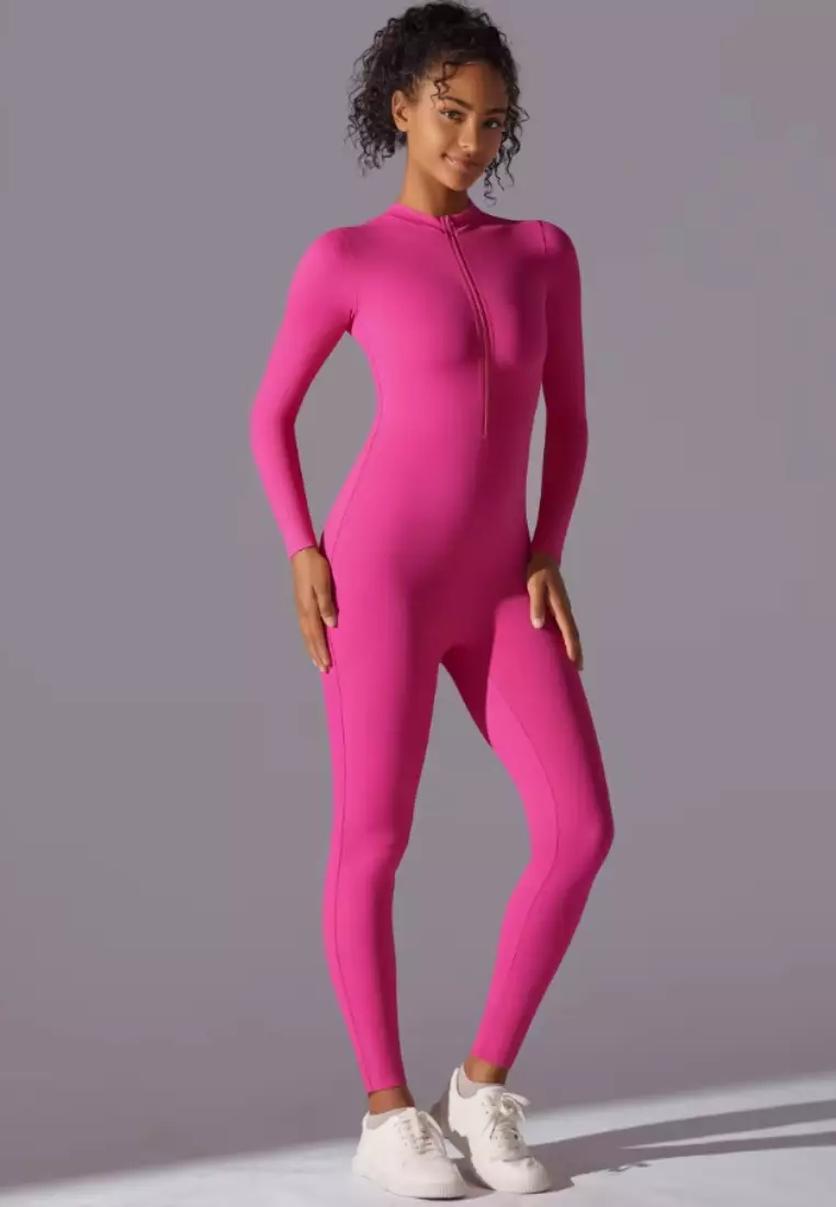 SculptaSuit Women’s Full-Length Sporty Jumpsuit – Stretchy Nylon Spandex Activewear No Bra Padding Yoga & Gym Bodysuit