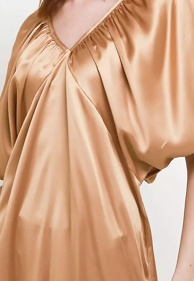 Deep V Neck Cross Back Silky Puff Sleeve Dress