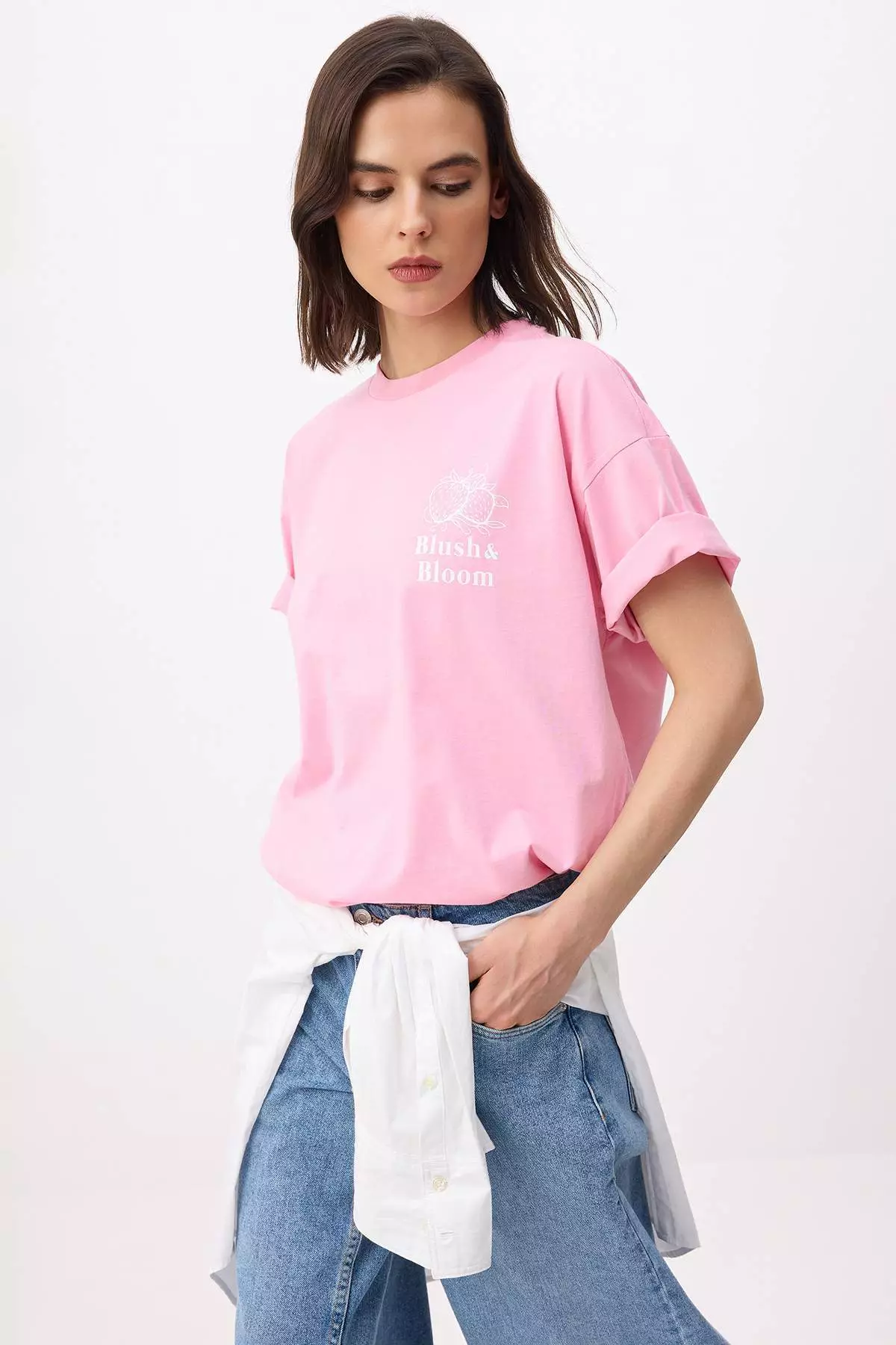 Pink Printed Oversize/Wide Fit Low Shoulder Short Sleeve Tok 1% Cotton Knitted T-Shirt Twoss26Ts16