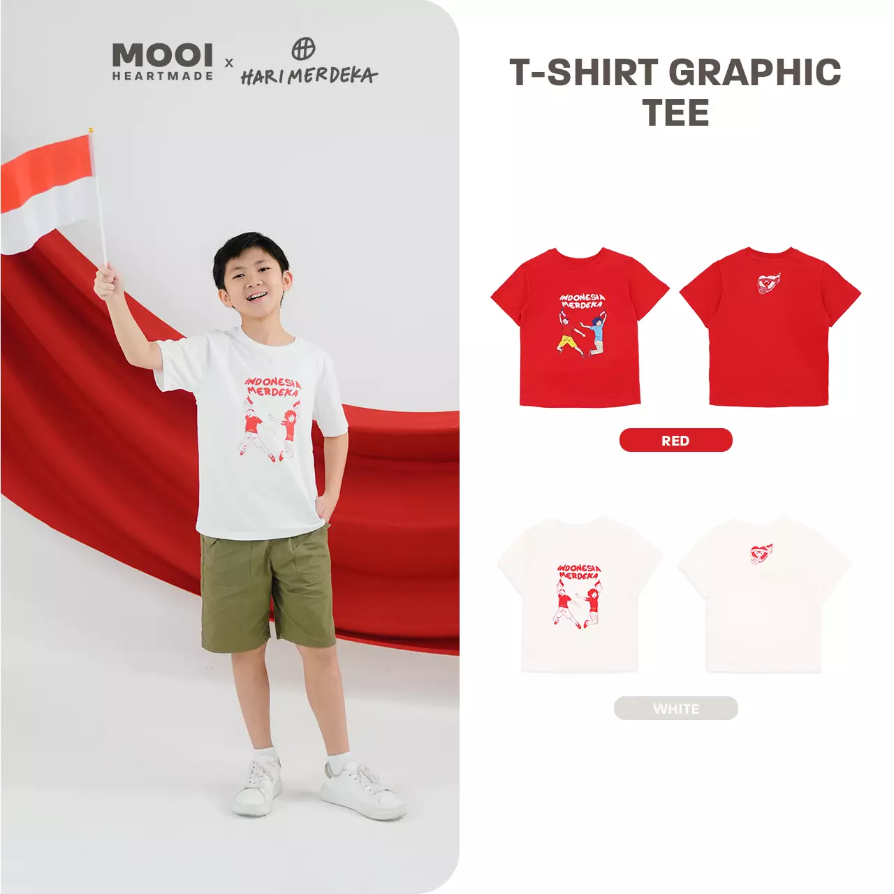 Mooi x Hari Merdeka 17 Agustus Kaos Kemerdekaan Anak T-shirt Anak Indonesia Merdeka - White