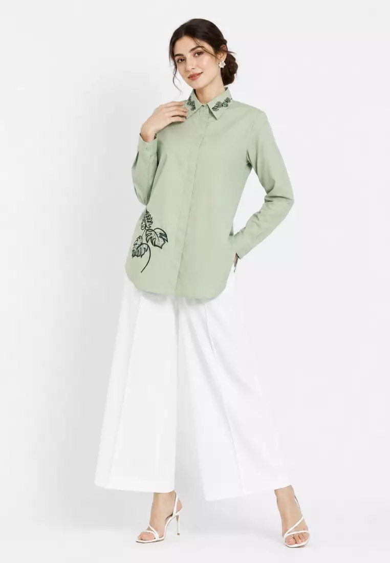 Olive Soft Sage Embroidered Shirt By Brilliant Girl Warna HIJAU